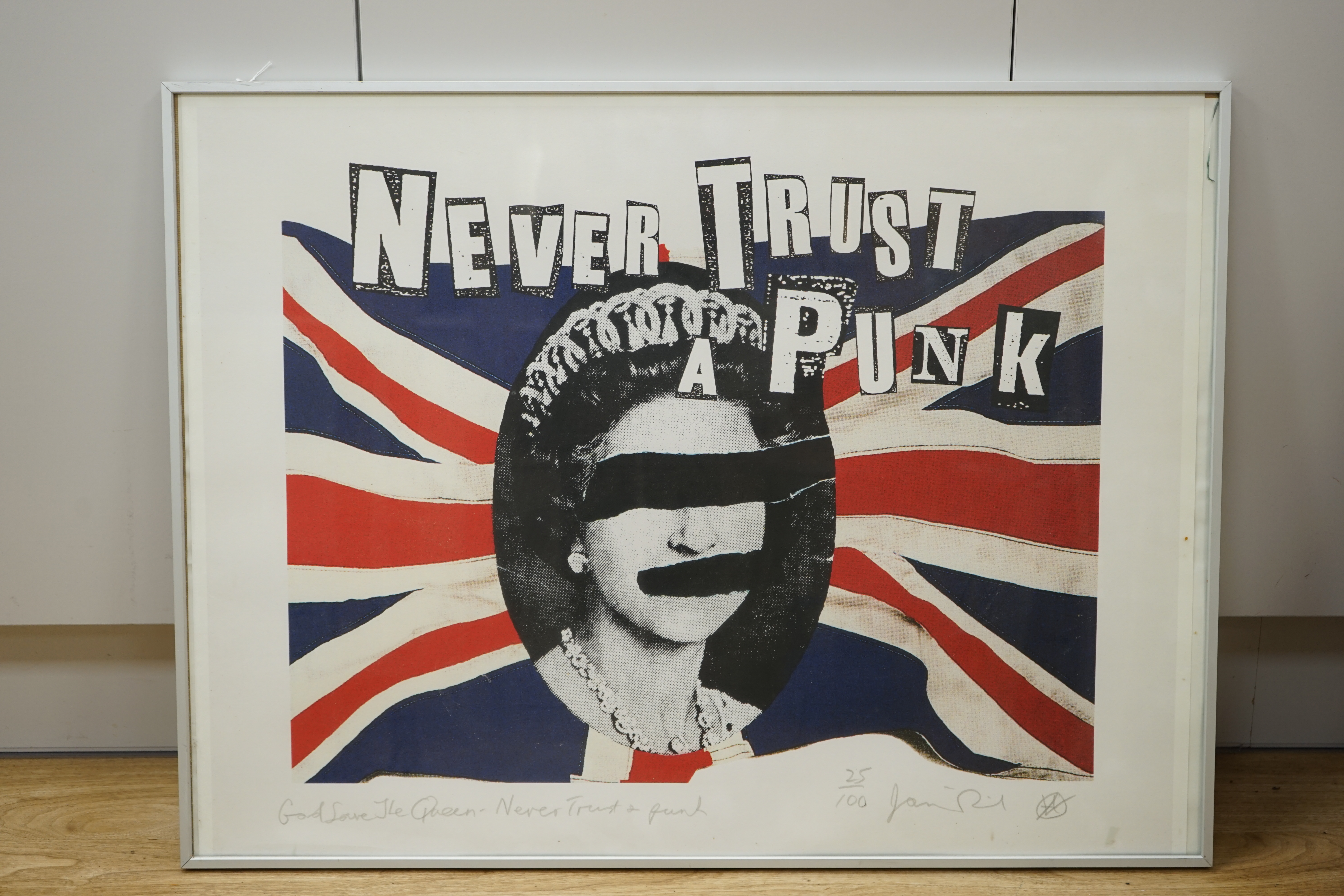 Jamie Reid (1947-2023), limited edition colour giclée print, ‘God Save the Queen - Never Trust a Punk’, in the style of The Sex Pistols album cover, signed in pencil, edition 25/100, 59.5 x 79.5cm. Condition - fair to go